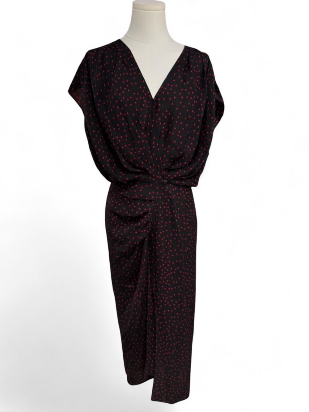 Magda Butrym Diablo Gathered Silk Midi Dress in a black and red polka dot